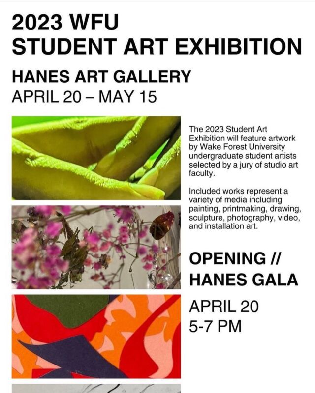 THIS THURSDAY

A highlight of the year! Join us for the opening Gala of the Hanes Gallery Student Show. Support your friends and fellow artists and see all of the incredible work that has been made this year!