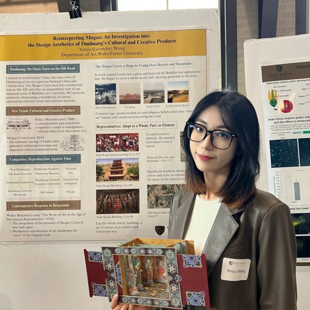 Congratulations to Lavender Wang for her Richter Prize research on the Mogao Caves, presented at URECA DAY! 

Wang combines art historical research and a marketing viewpoint in her study of the Mogao Caves in Danhuang, China. Her poster combines knowledge gained during a summer research trip to see these chthonic structures and the murals which cover the walls within. While the first cave was carved out of the cliffside in 366 CE, to date there are 492 caves demonstrating a variety of artistic expressions of spirituality and their intensities.

Wang's work brings history to the present in an investigation of the state-sanctioned cultural products, or tourist objects, crafted to celebrate the Mogao Caves. 

#wfu #wakethearts #urecadaywfu #richter