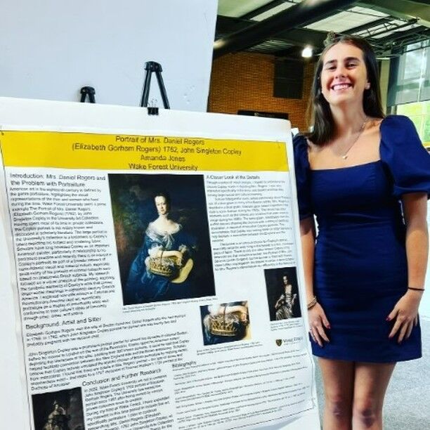 Congratulations to Amanda Jones for her URECA Summer Research fellowship presentation on John Singleton Copley's "Portrait of Mrs. Daniel Rogers (Elizabeth Gorham Rogers)" from 1762 in WFU's Art Collection.

She spent the summer researching the portrait commission and the sitter's biography to consider portraiture and self-fashioning in a transatlantic context. 

The painting will soon be on public display at Reynolda House. Stay tuned for a public talk by Amanda on her research! 

#wfu, #wakethearts, #urecadaywfu