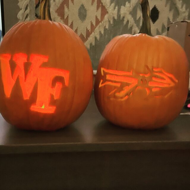 Amazing pumpkins carved by Department of Art students Kyan Patel and Emerson Foley, with assists from Sabrina Bakalis and Christa Doolittle, for the WFU-FSU football game today. Thanks to ESPN for the invitation to celebrate creativity and community. If you are watching on ESPN, keep an eye out for these beauties in the broadcast. Go Deacs! @demondeacons
@wakefootball 
@espncfb