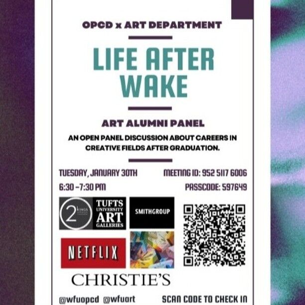 Did you know there is life after Wake? Of course you did! Please join us to hear distinguished Art Department alumni talk about their path from graduation to a career in a creative field--in art, architecture, the art world, the auction house, in film and TV . . . and more! Thanks to @wfuopcd for their support in organizing and also to our amazing alumni for sharing their time and expertise.